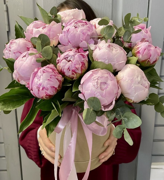 Пионы 13 шт. в шляпной коробке в Коктебеле