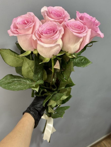 5 розовых роз, лента (Импортные) в Коктебеле